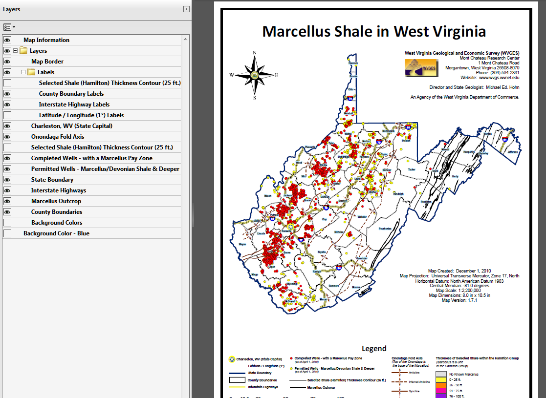 image of expanded layers folder on menu and map of the geo-enabled layered pdf