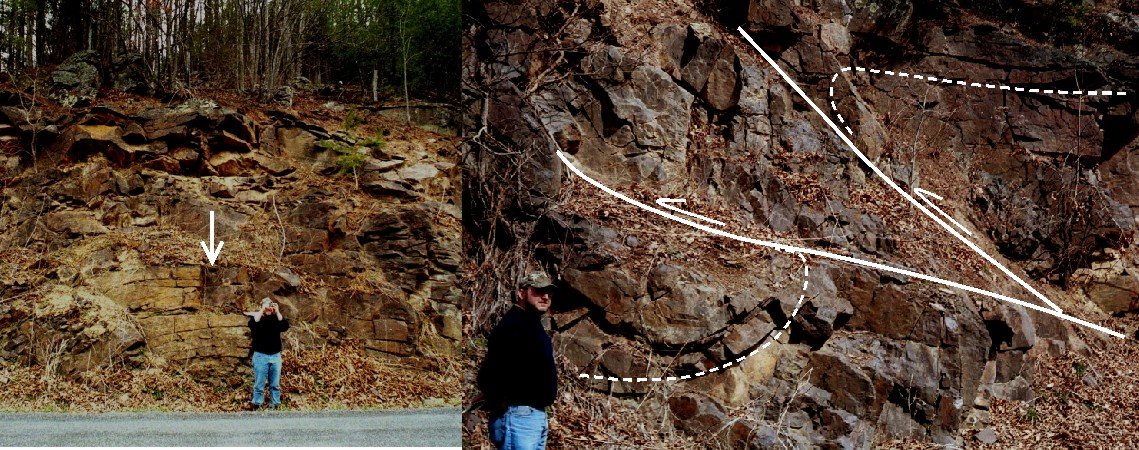 Folding and faulting in the Silurian Rose Hill Formation,
Hammer Run, west of Ruddle, WV